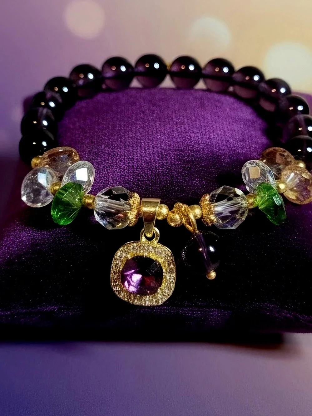 Amethyst Bead Stretch Bracelet with Gold Pavé Charm